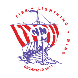A red and purple logo with a boat on it.